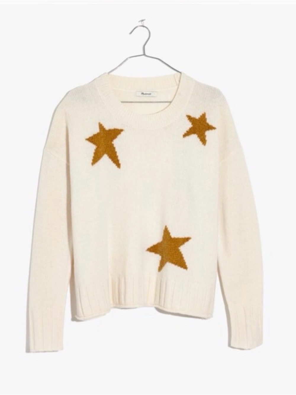 Madewell Cream Crewneck Sweater with Gold Star Motif - 100% Wool